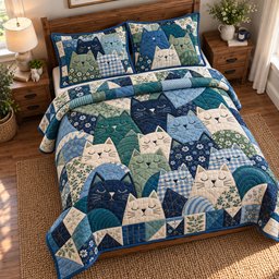 Cat Patchwork Quilted Bedding Set Festive Floral Xmas Bedding Decor Gifts For Daughter