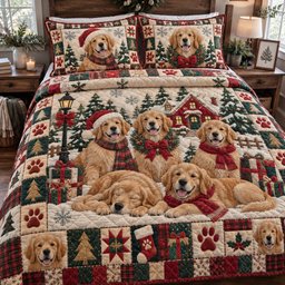 Golden Retriever Christmas Quilted Bedding Set Xmas Golden Puppy Comforter Set