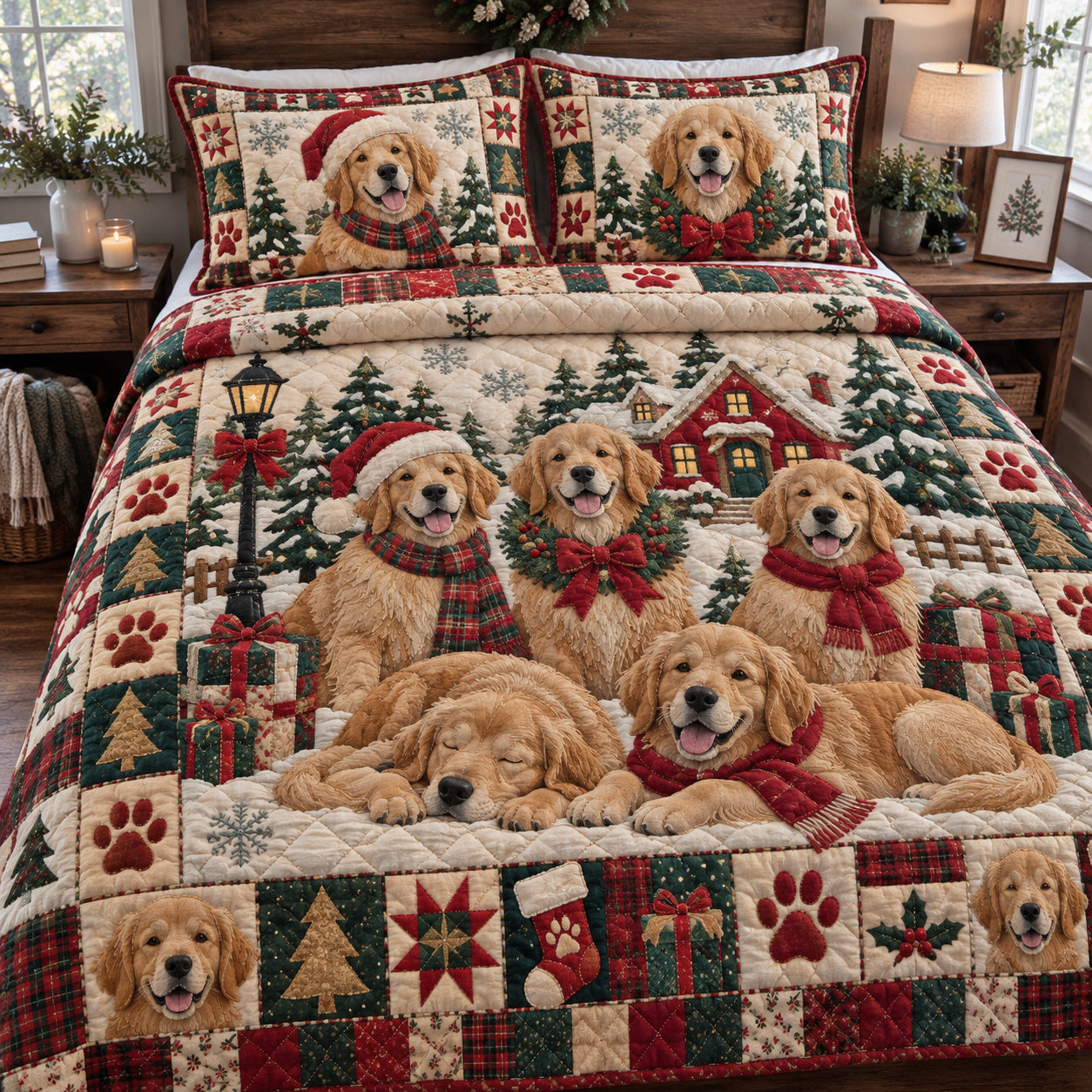 Golden Retriever Christmas Quilted Bedding Set Xmas Golden Puppy Comforter Set