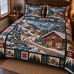 Christmas Village Quilted Bedding Set Winter Snowy Village Bedding Xmas Decor Gifts