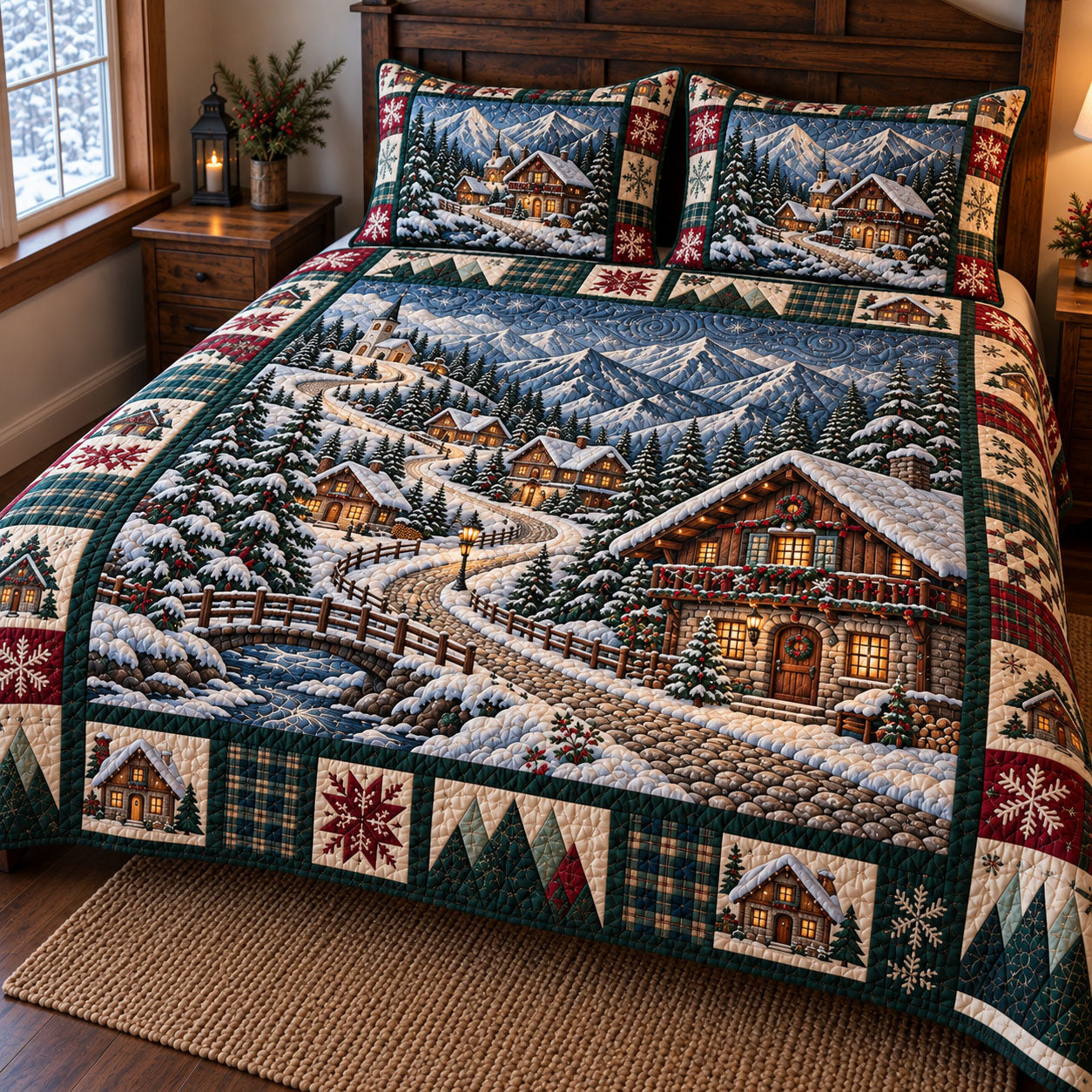 Christmas Village Quilted Bedding Set Winter Snowy Village Bedding Xmas Decor Gifts