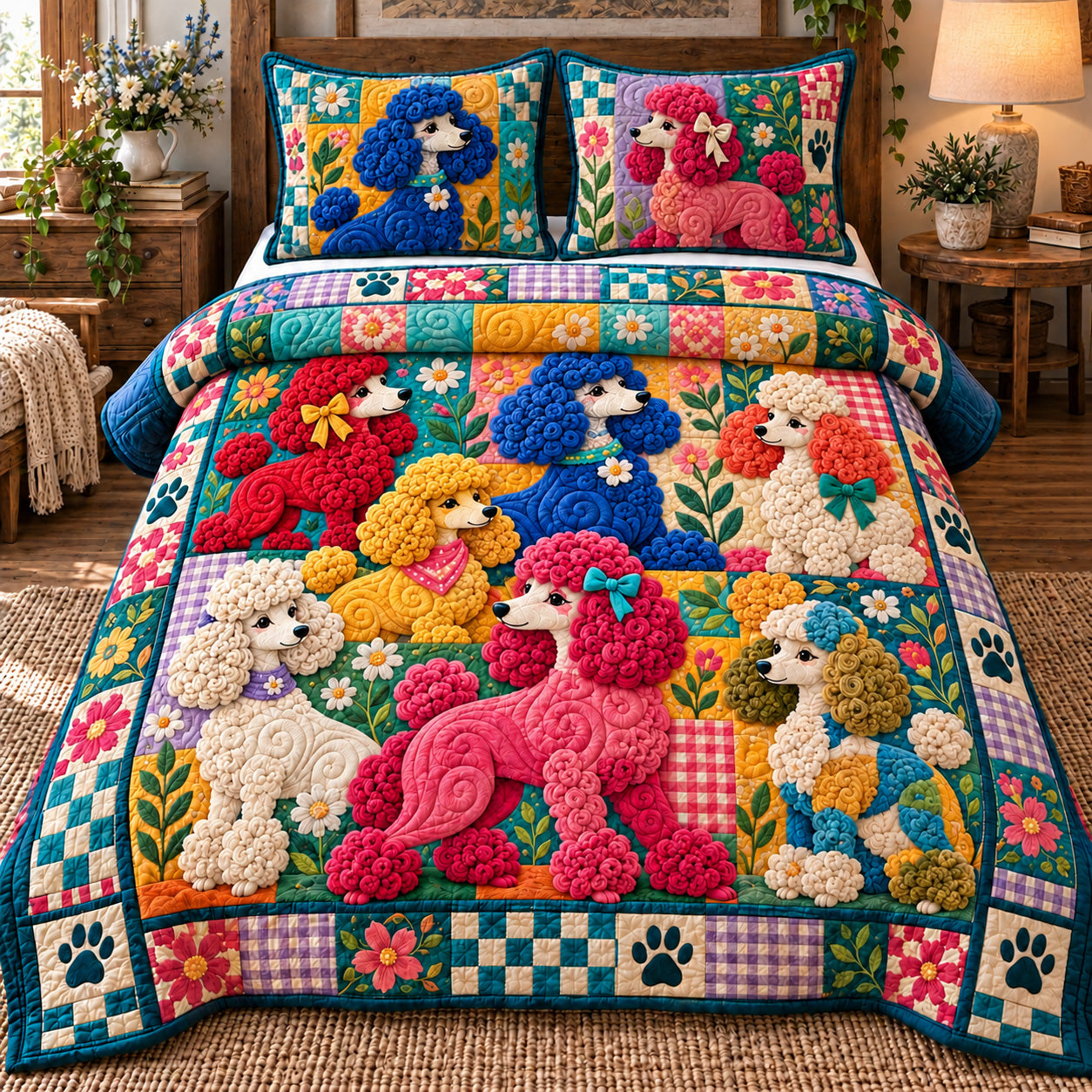 Colorful Poodle Patchwork Quilted Bedding Set Xmas Poodle Bedding Dog Lovers Gift