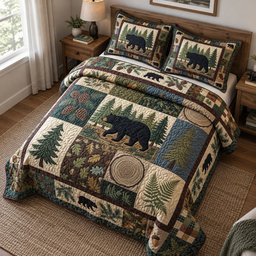 Forest Bear Patchwork Quilted Bedding Set Rustic Woodland Bear Bedding Cozy Cabin Gifts