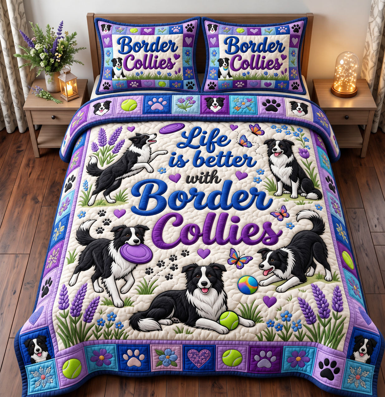 Border Collie Quilted Bedding Set Winter Tennis Court Bedroom Decor Gifts For Family