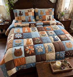 Cozy Cat Squares Quilted Bedding Set Winter Patchwork Kitty Bedding Gifts For Cat Moms