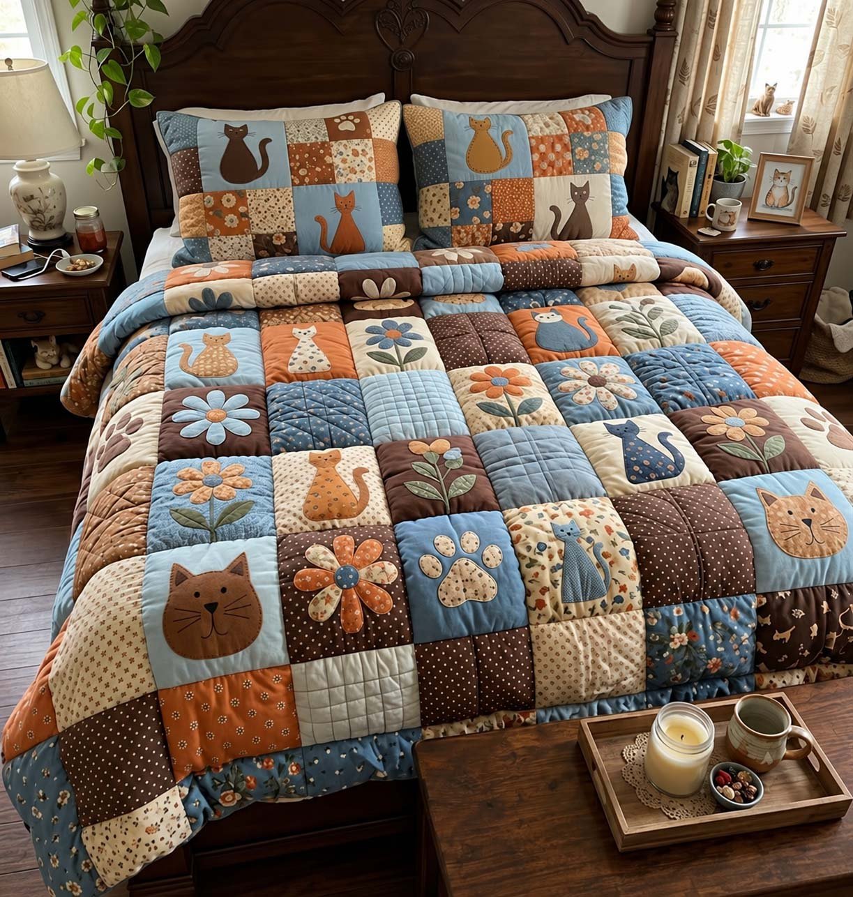 Cozy Cat Squares Quilted Bedding Set Winter Patchwork Kitty Bedding Gifts For Cat Moms