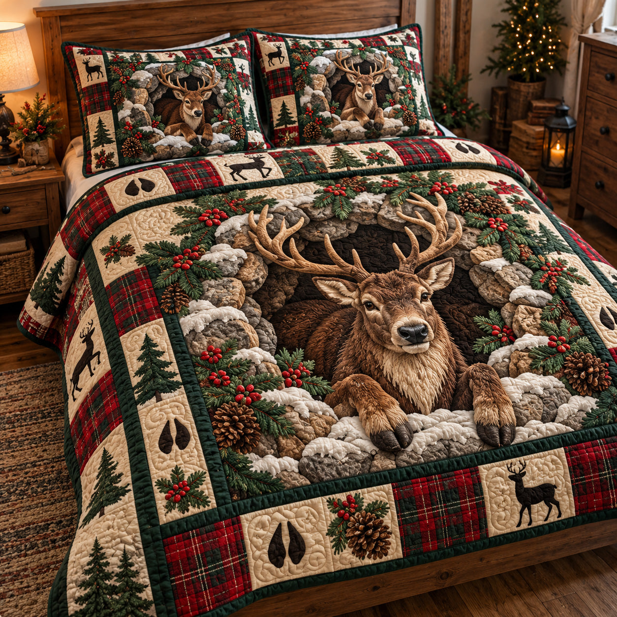 Christmas Stag Hideaway Quilted Bedding Set Winter Rustic Deer Bedding Set Noel Gifts