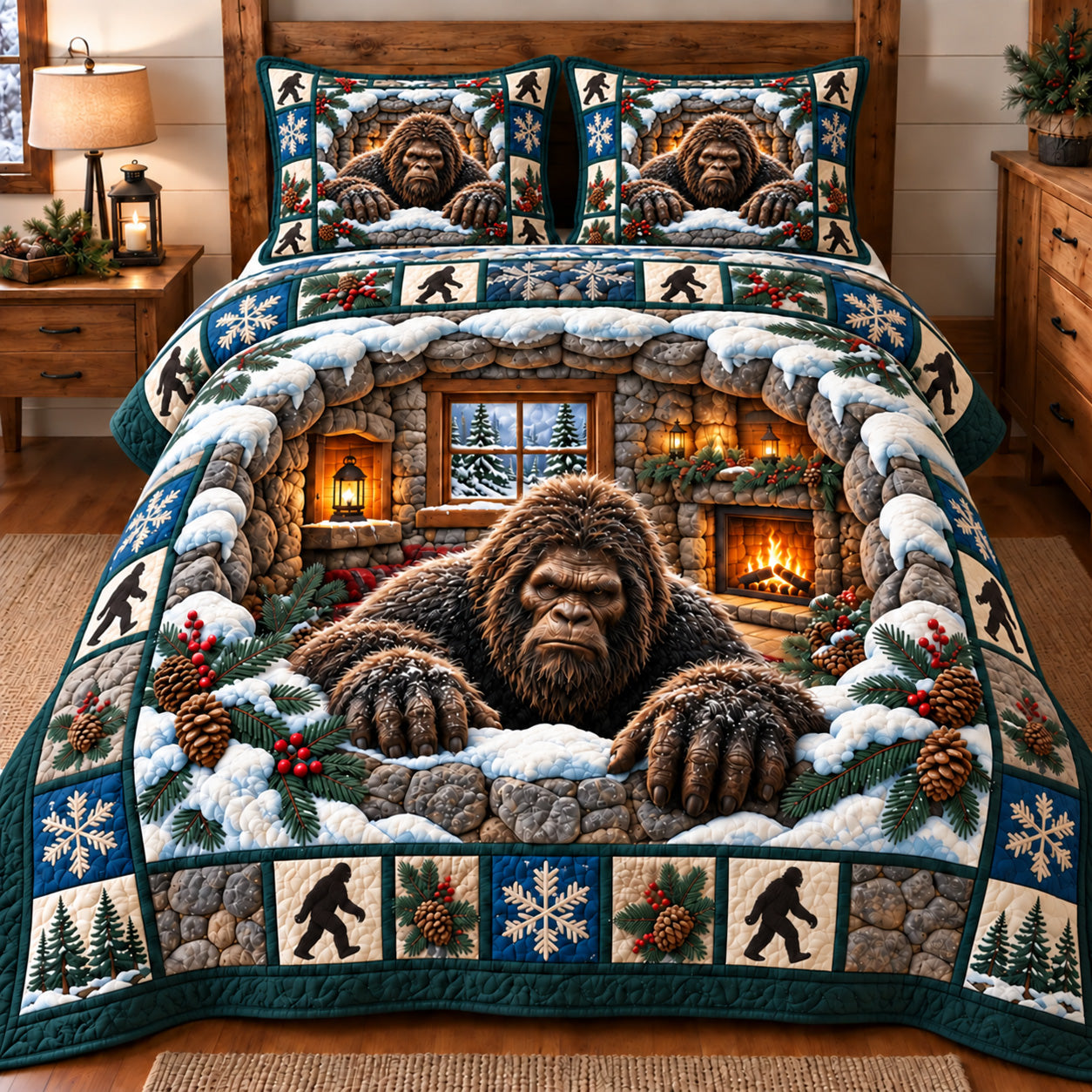 Bigfoot Cabin Window Quilted Bedding Set Christmas Cabin Bedding Set Gift For Boys