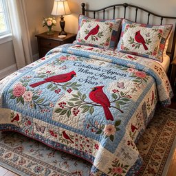 Cardinal Appear Quilted Bedding Set Winter Cardinal Christmas Bedroom Decor Gifts