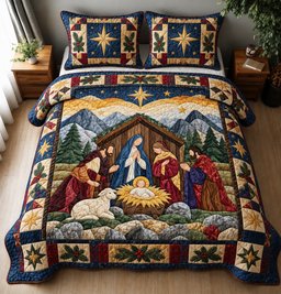Christmas Nativity Under The Star Quilted Bedding Set Noel Holy Night Bedding Decor