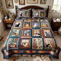Cats In The Windows Quilted Bedding Set Xmas Cozy Window Seat Bedding Decor Gifts