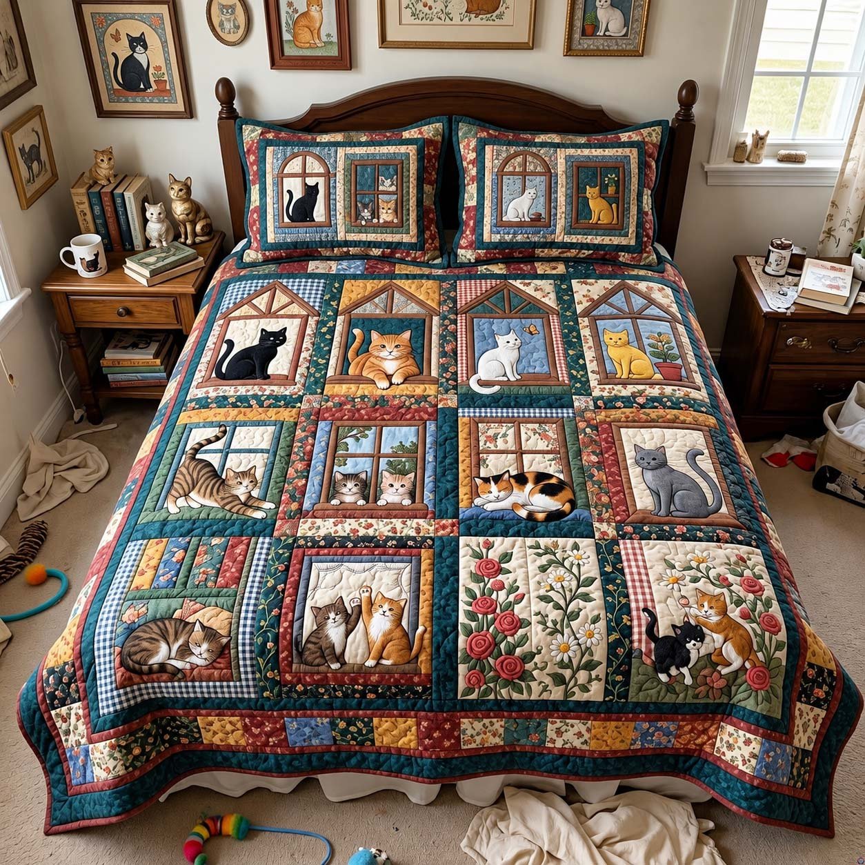 Cats In The Windows Quilted Bedding Set Xmas Cozy Window Seat Bedding Decor Gifts