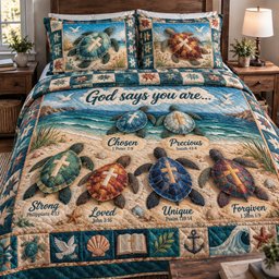 Coastal Turtle Faith Quilted Bedding Set Winter Coastal Bedding Gifts For Christian