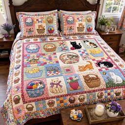 Basketful Of Kittens Quilted Bedding Set Christmas Kitty Bedroom Gift For Daughter