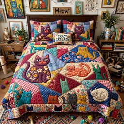 Crazy Cat Patchwork Quilted Bedding Set Colorful Kitty Bedding Gifts For Cat Lovers