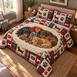 Dachshund Sleeping Quilted Bedding Set Cozy Puppy Nap Bedding Set Xmas Gifts
