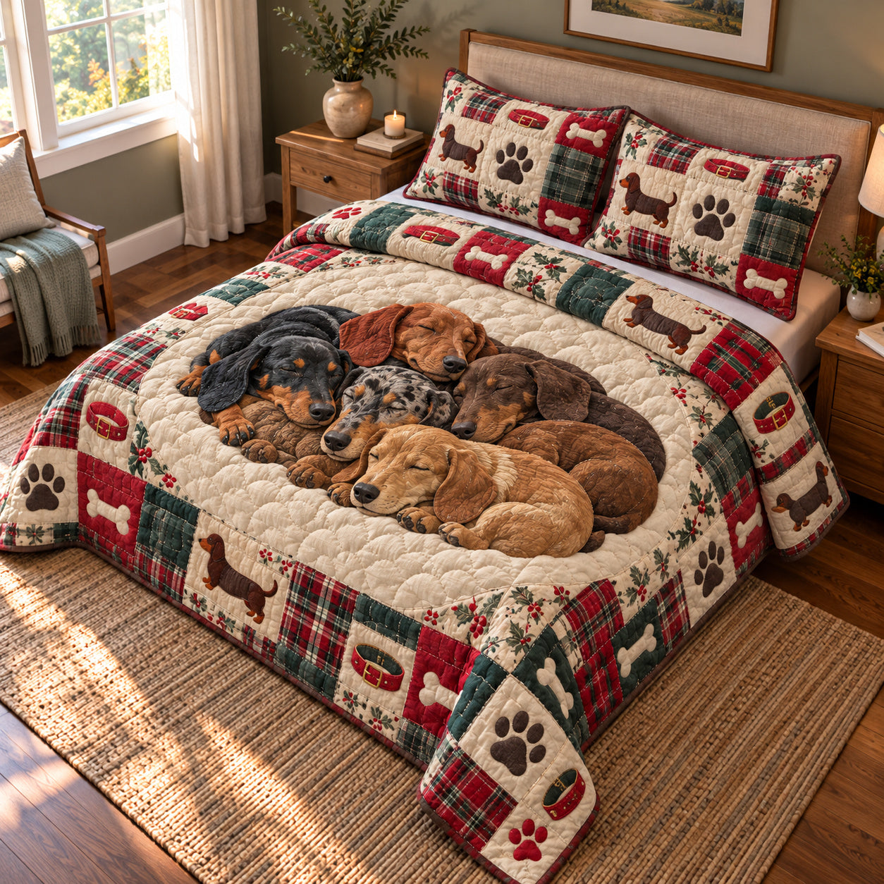 Dachshund Sleeping Quilted Bedding Set Cozy Puppy Nap Bedding Set Xmas Gifts