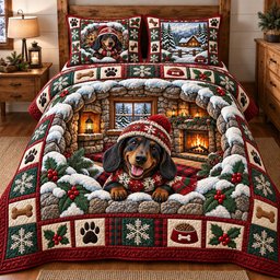 Cozy Dachshund Cabin Quilted Bedding Set Rustic Lodge Bedding Winter Gifts For Parents