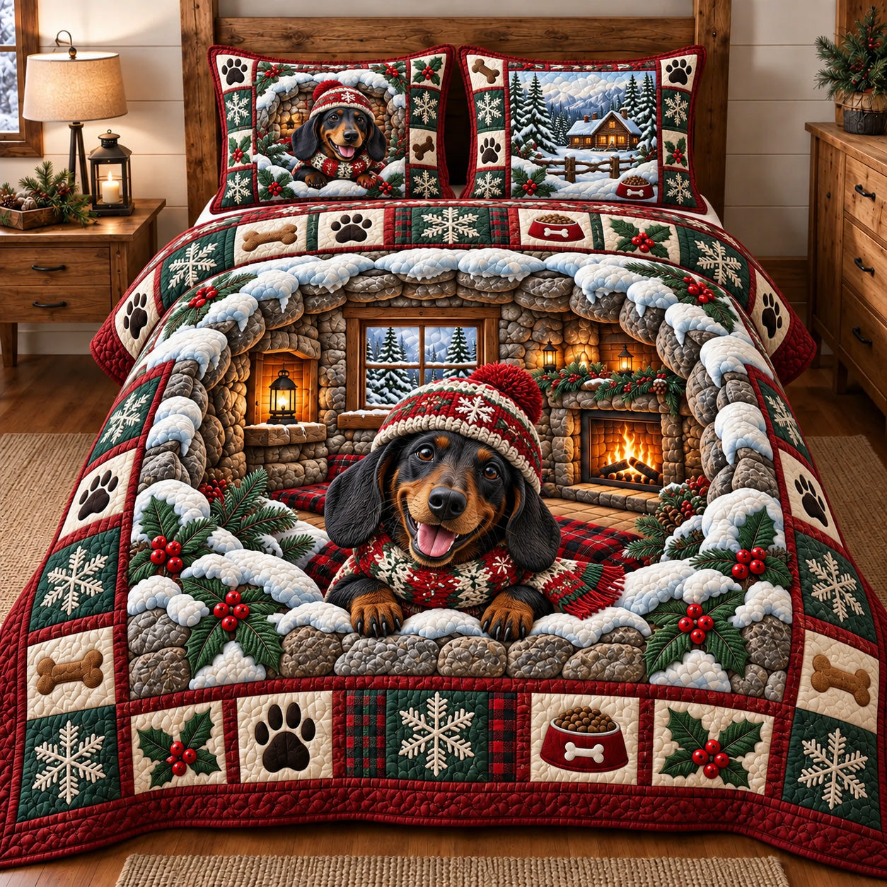 Cozy Dachshund Cabin Quilted Bedding Set Rustic Lodge Bedding Winter Gifts For Parents