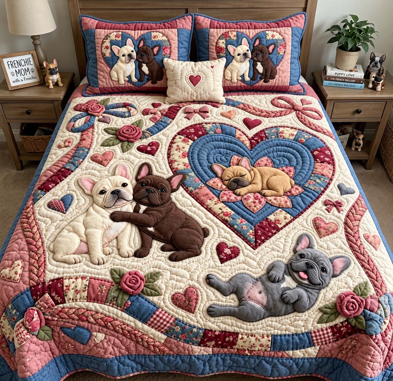 Frenchie Puppy Picnic Quilted Bedding Set French Bulldog Picnic Bedding Cozy Gifts