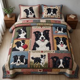 Border Collie Gallery Quilted Bedding Set Winter Xmas Art Gallery Bedroom Decor Gifts