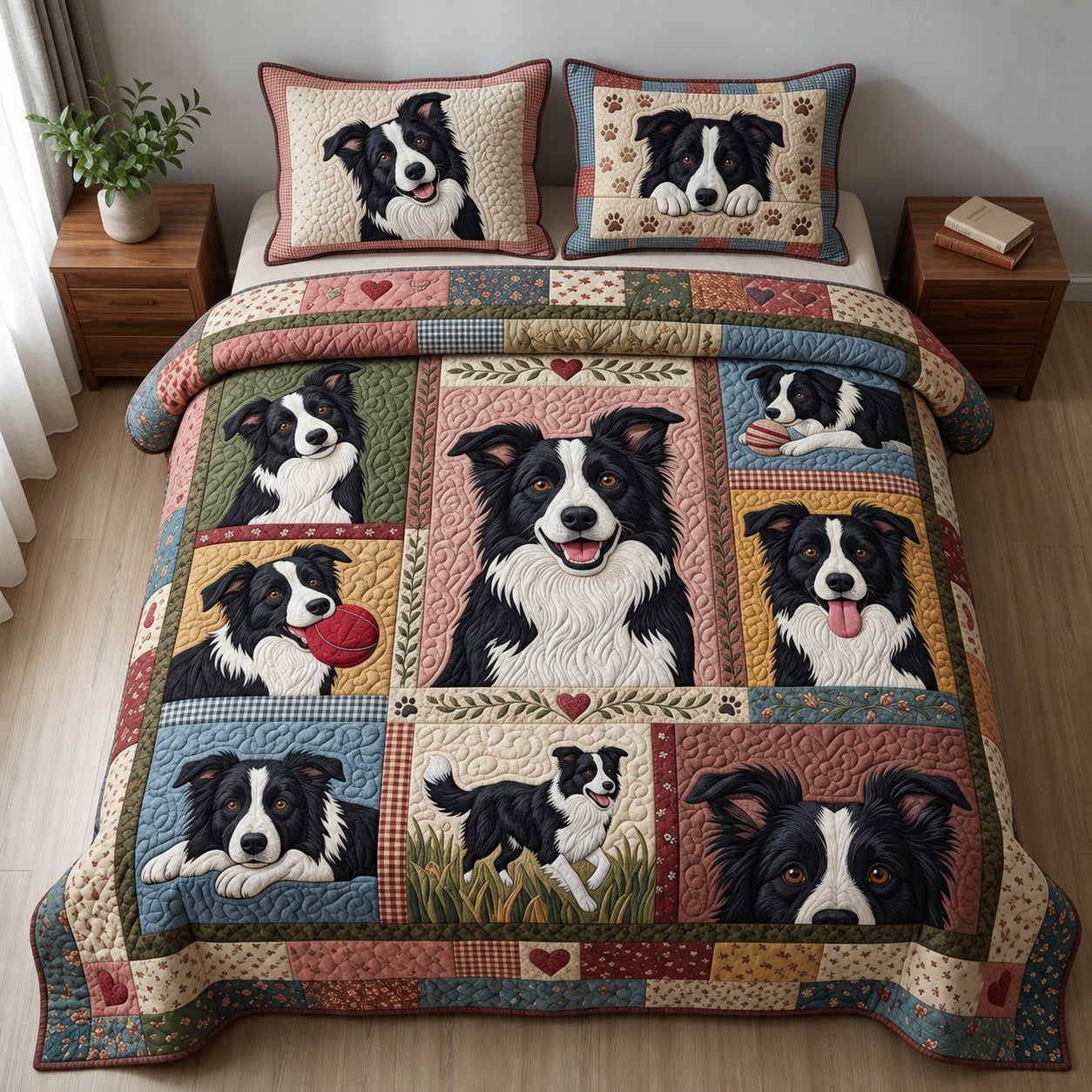 Border Collie Gallery Quilted Bedding Set Winter Xmas Art Gallery Bedroom Decor Gifts