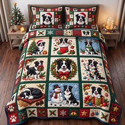 Border Collie Quilted Bedding Set Noel Snowman Christmas Bedroom Decor Gifts Ideas