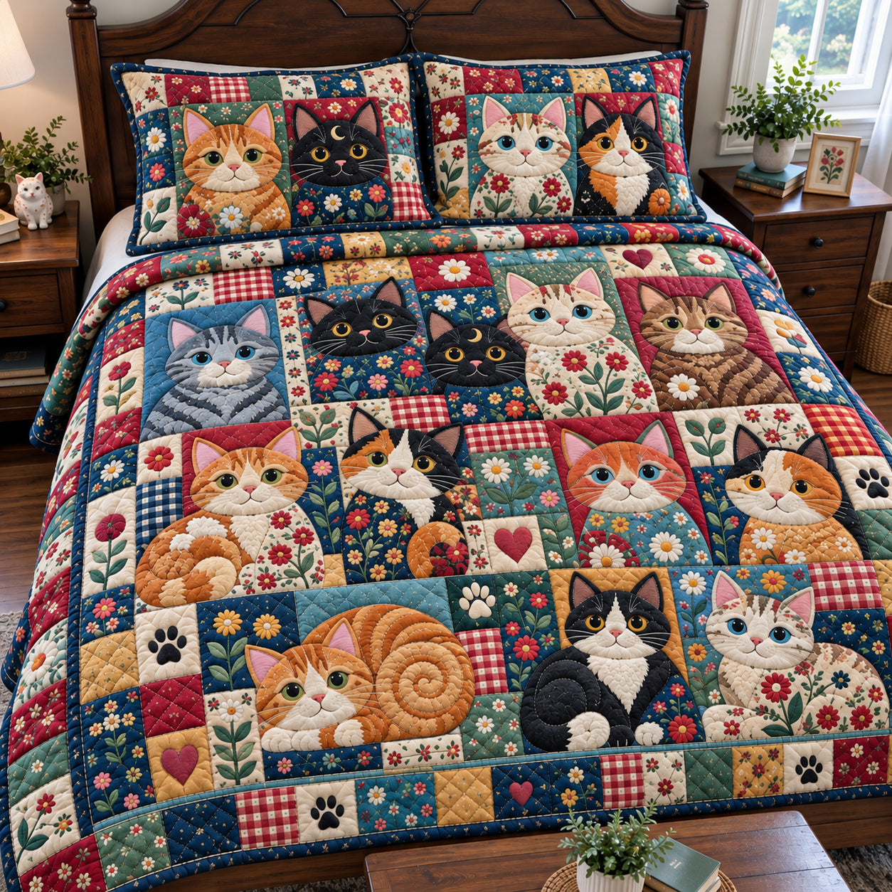 Cat Grumpy Quilted Bedding Set Winter Cozy Kitty Bedding Decor Xmas Gifts For Cat Fans