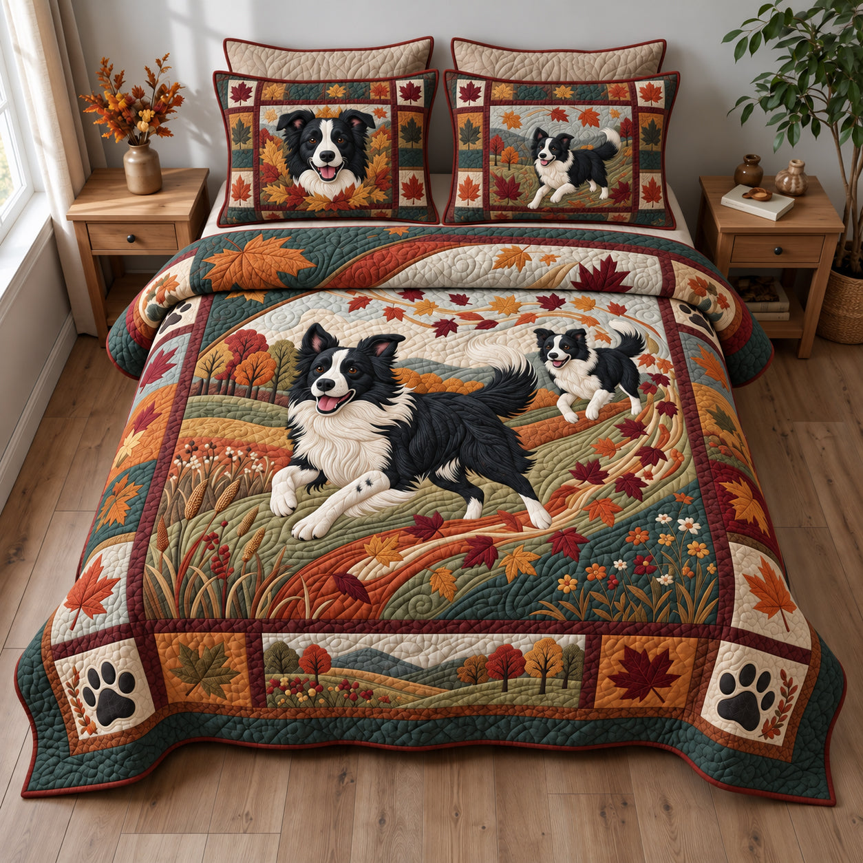 Autumn Leaf Zoomies Quilted Bedding Set Christmas Bedroom Decor Holiday Gifts