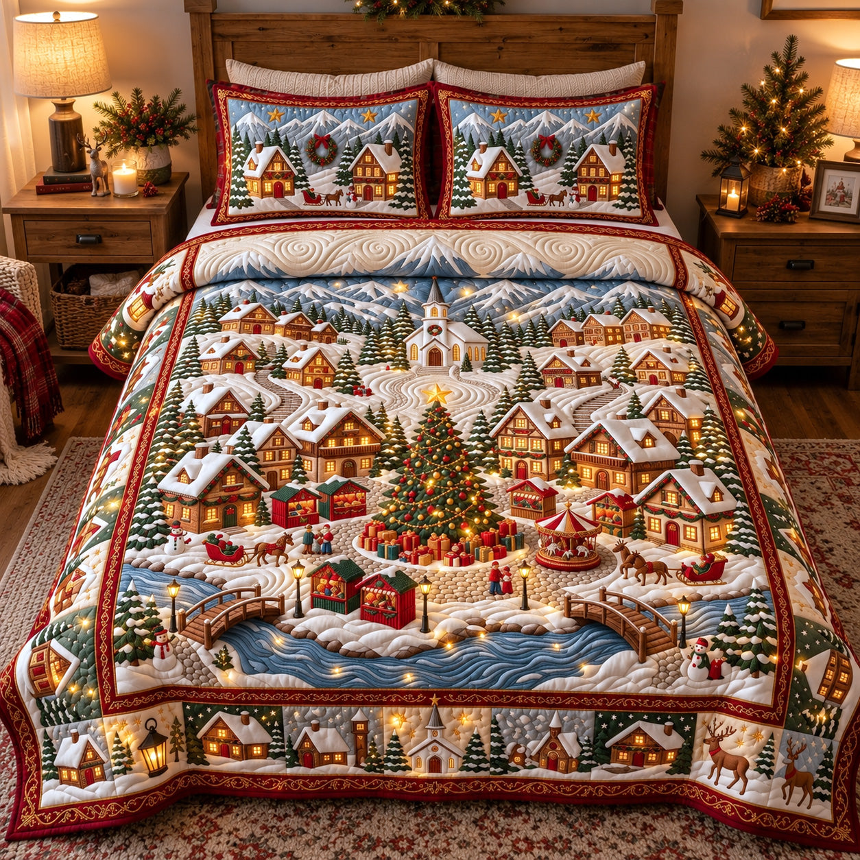 Festive Town Center Quilted Bedding Set Christmas Snowy Village Bedding Cozy Winter Gift