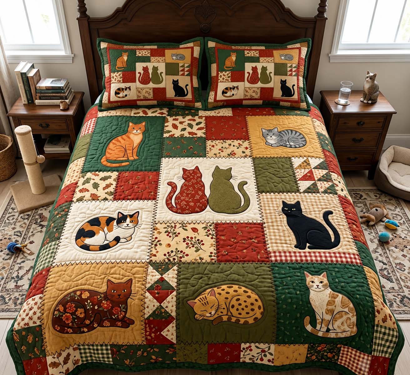 Autumn Cat Patchwork Quilted Bedding Set Christmas Bedroom Decor Daughter Gifts
