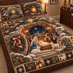 Cave Nativity Quilted Bedding Set Christmas Holy Night Bedding Decor Faith Gifts Ideas