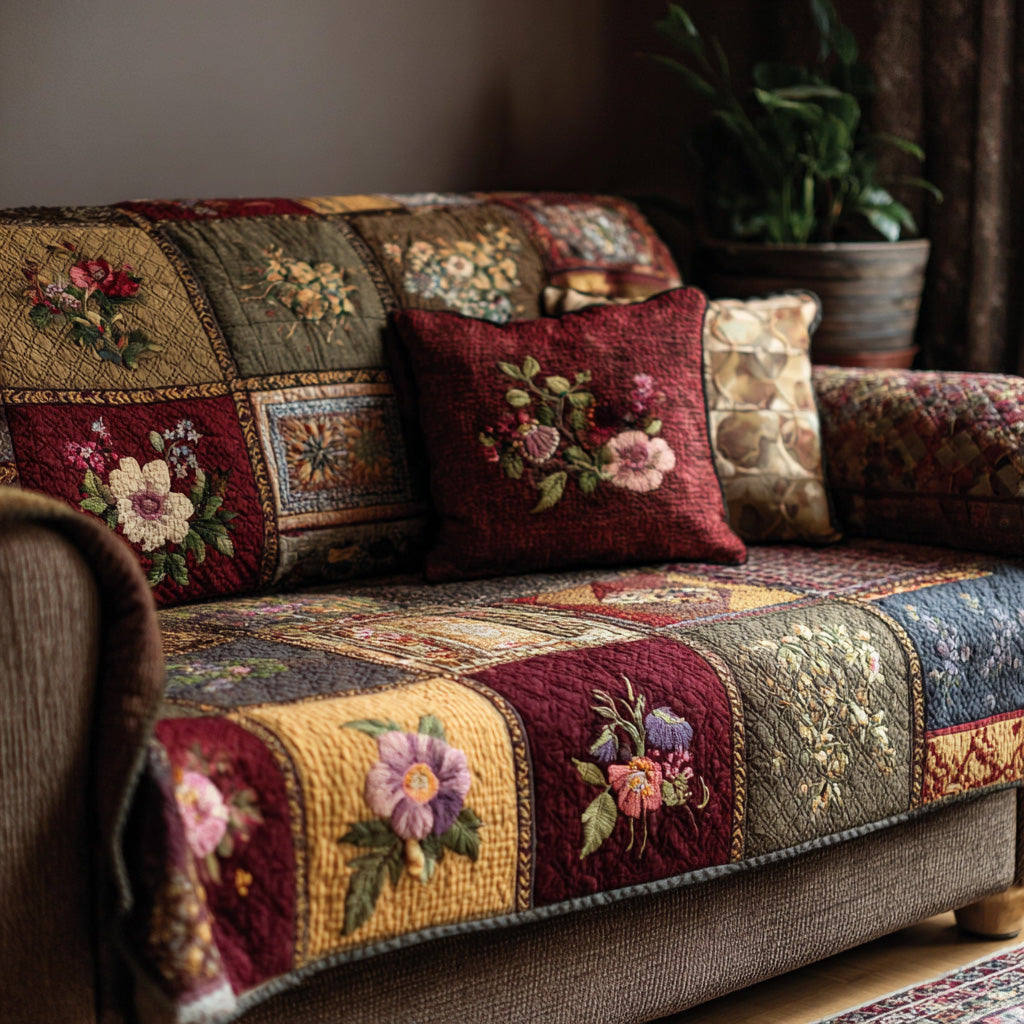 Blossom Cottage Warmth Quilted Sofa Cover Vintage Patchwork Couch Cover Gifts For Mom