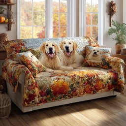 Autumn Golden Retriever Quilted Sofa Cover Happy Dog Sofa Cover Gift For Women