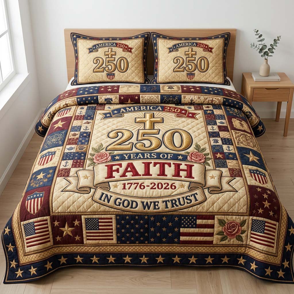 Faith Legacy Quilted Bedding Set 250 Years Of Faith In God We Trust Blanket Set Dad Gift