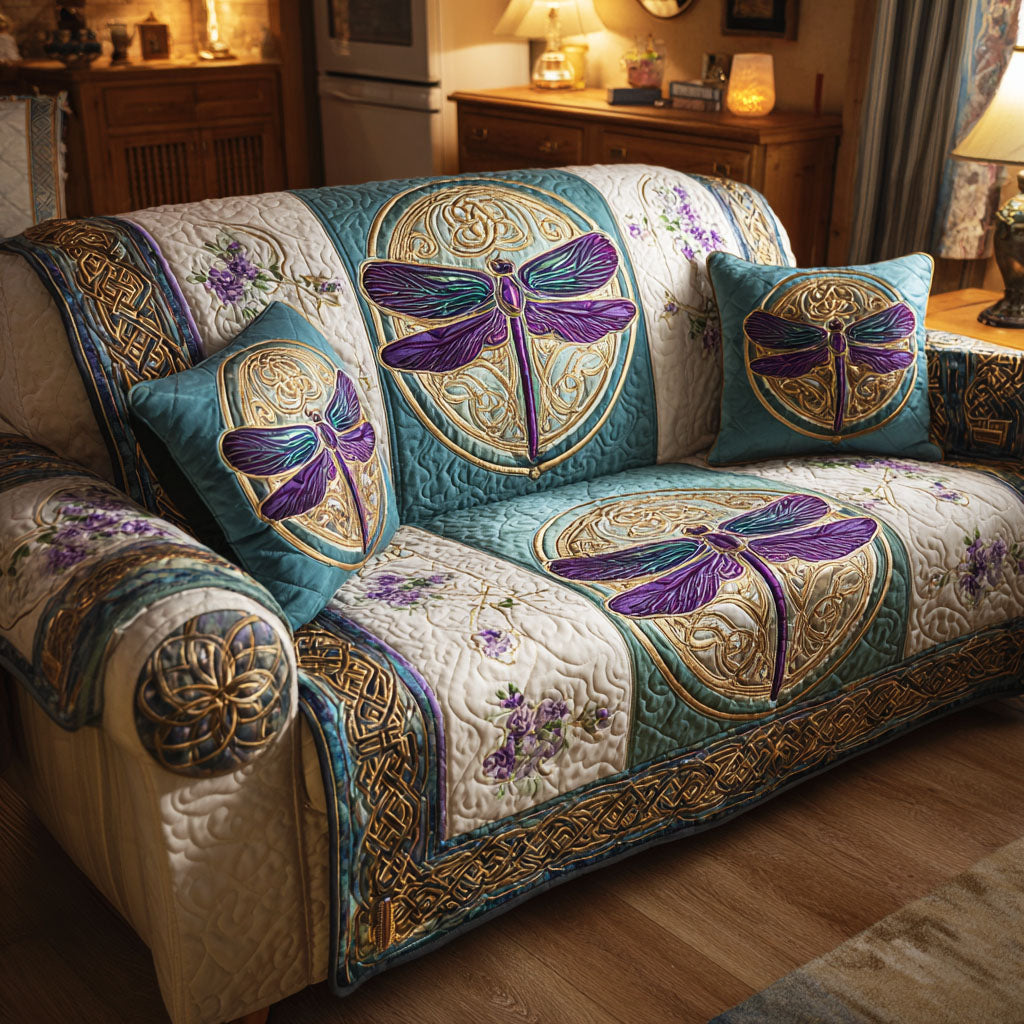 Amethyst Dream Quilted Sofa Cover Dragonfly Sofa Cover Gift For Home Decor