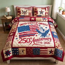 Anniversary Glory Quilted Bedding Set 250th Anniversary 1776 2026 Blanket Set Gifts For Grandma