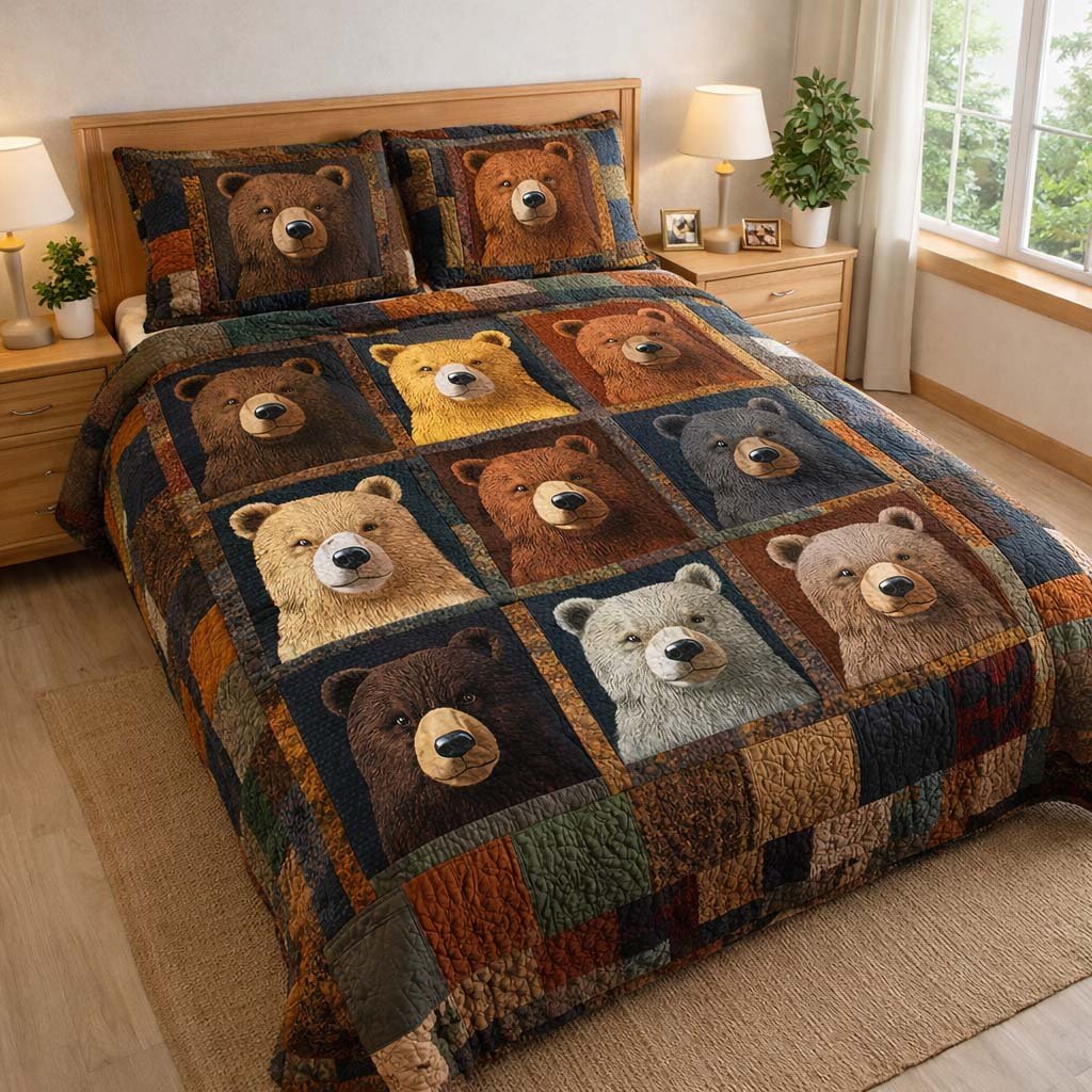 Bear Spirit Quilted Bedding Set Cozy Home Decor Cool Gift For Bear Lovers