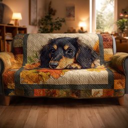 Autumn Snuggle Pup Quilted Sofa Cover Cute Puppy Quilt Style Sofa Cover Dog Lover Gift