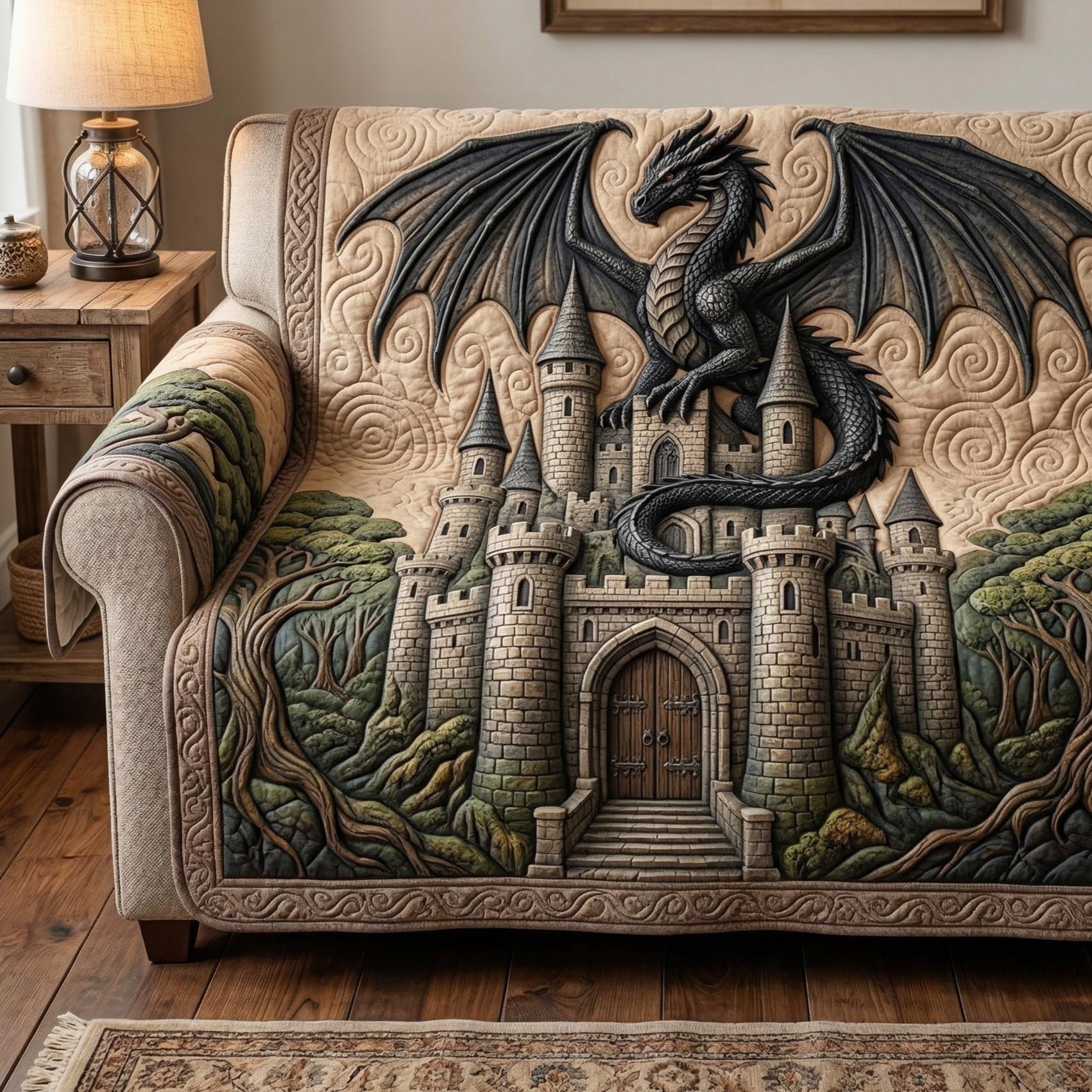 Ancient Dragon Quilted Sofa Cover Medieval Dragon Sofa Cover Unique Gift For Friends