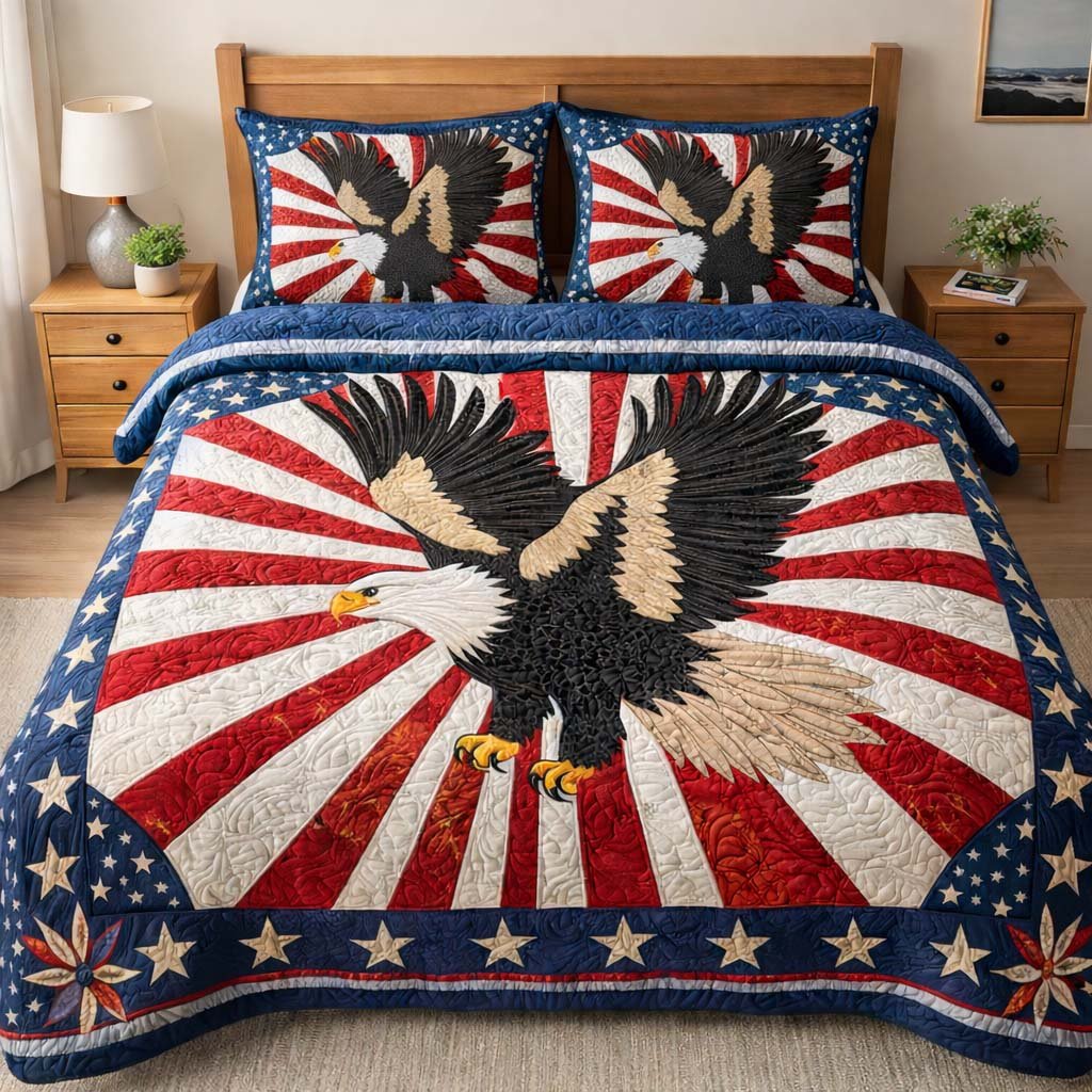 Freedom Wings Quilted Bedding Set Patriotic USA Eagle Bedspread Decor Gifts For Father