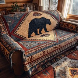 Bear Shield Heritage Quilted Sofa Cover Woodland Bear Furniture Protector Gifts For Dad
