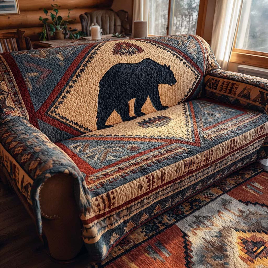 Bear Shield Heritage Quilted Sofa Cover Woodland Bear Furniture Protector Gifts For Dad