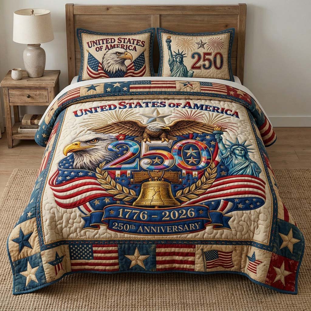 Eagle Glory Quilted Bedding Set 250th Anniversary 1776 2026 Bedding Set Father_s Day Gifts