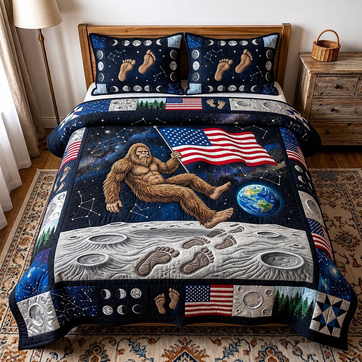 Patriot Explorer Quilted Bedding Set Bigfoot Holding The American Flag On The Moon Bedding Set