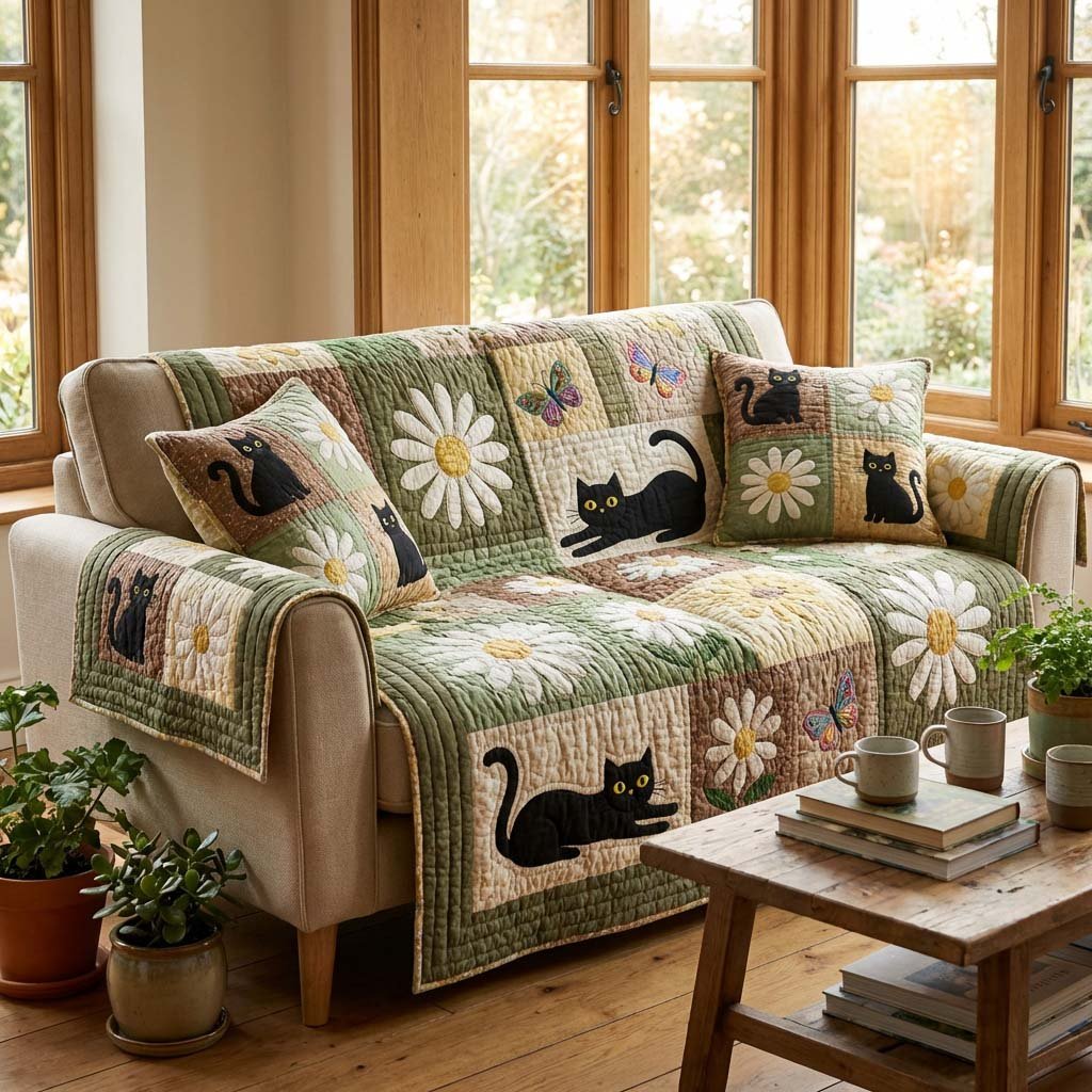 Bloom Cat Harmony Quilted Sofa Cover Cozy Home Decor Gift For Cat Lovers