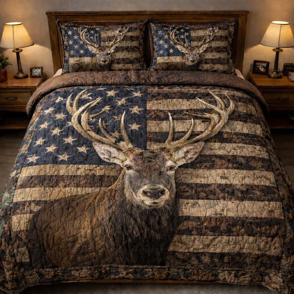 Deer Spirit Quilted Bedding Set Vintage Hunting Cabin Duvet Cover Set Dad Birthday Gifts