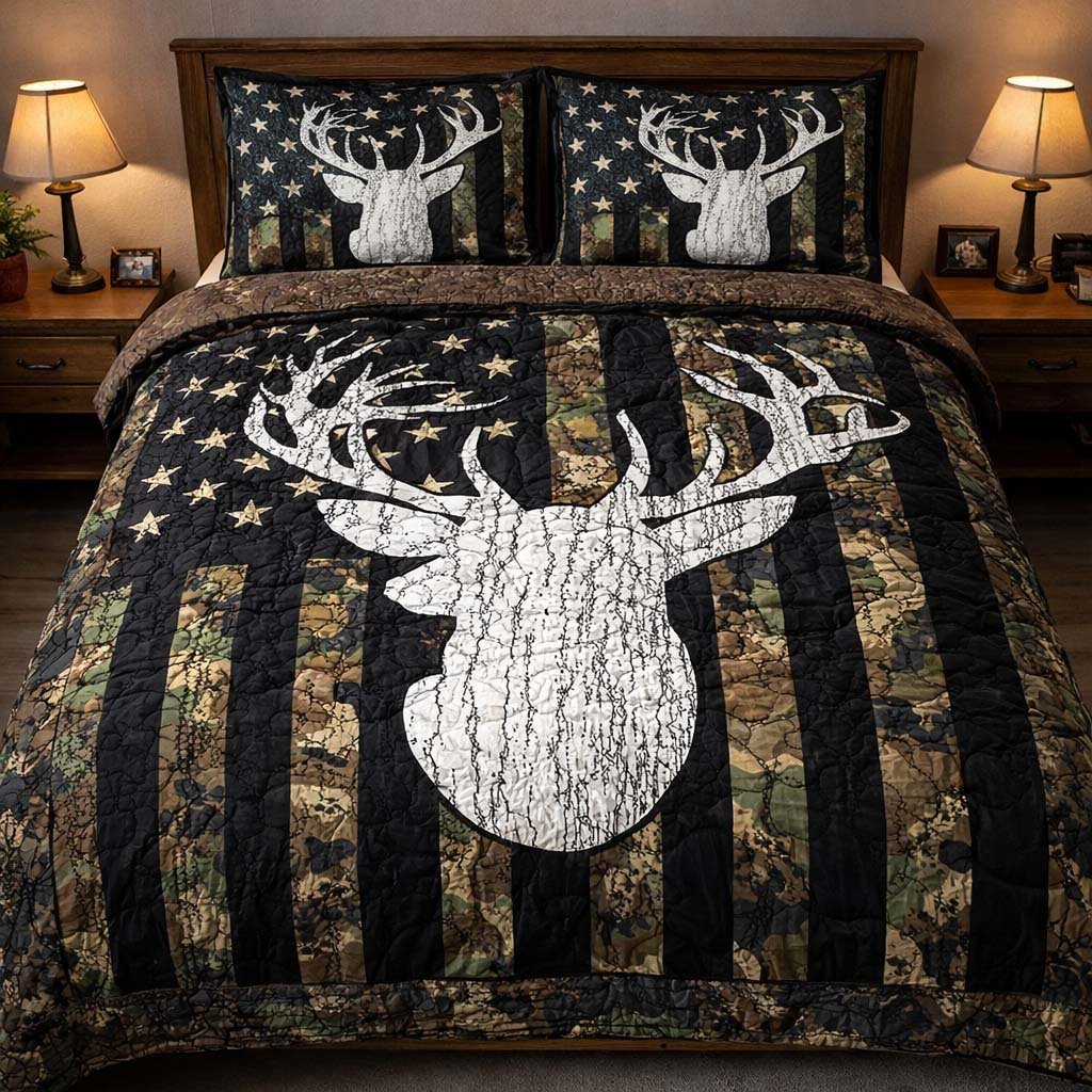 Deer Spirit Camo Quilted Bedding Set Vintage Deer Duvet Cover Set Gifts For Father