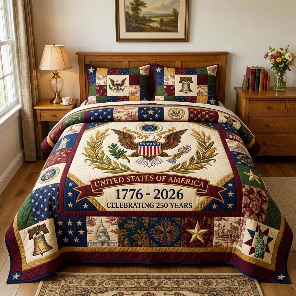 Liberty Banner Quilted Bedding Set 250th Anniversary Comforter Sets Fourth of July Decor_