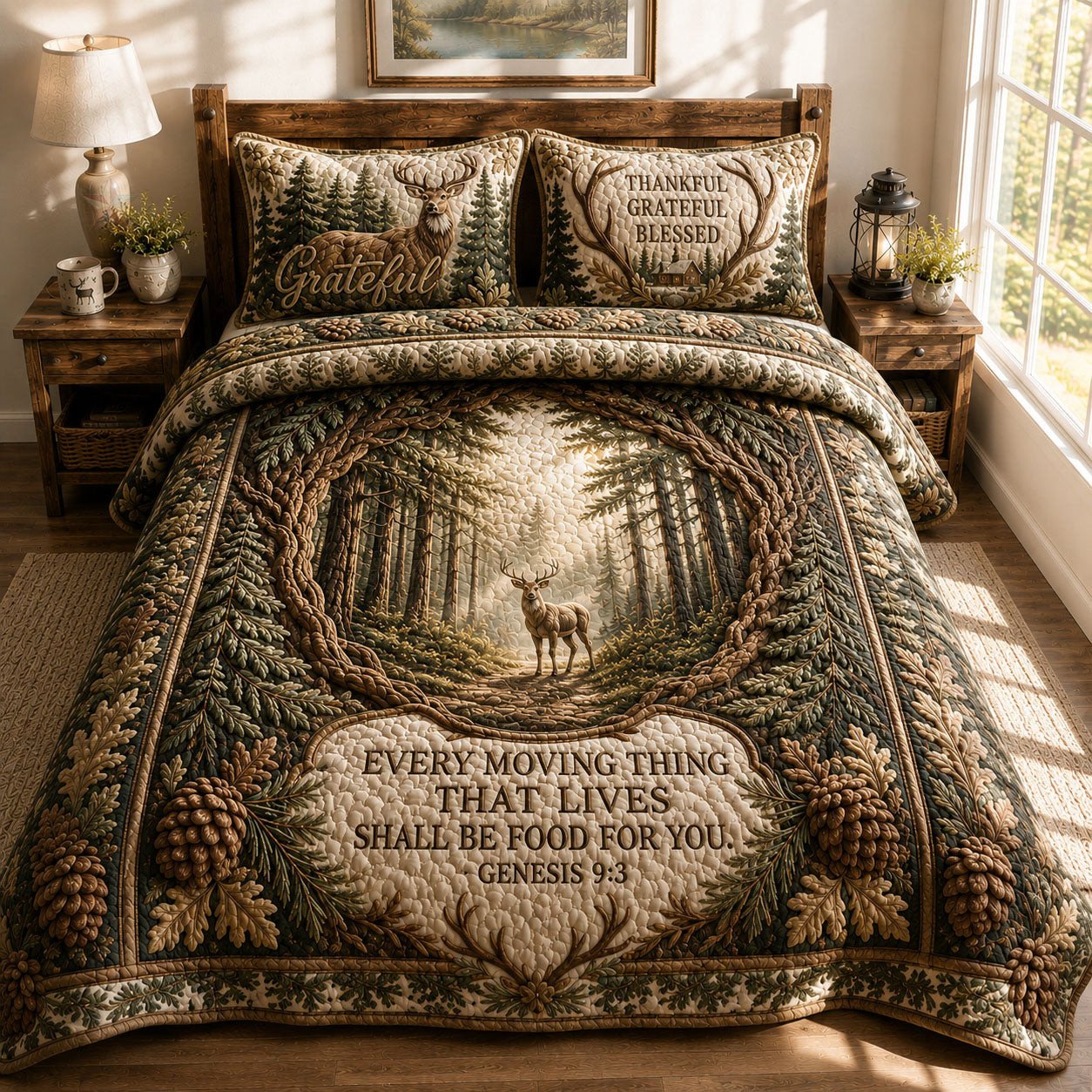Grateful Forest Deer Scripture Quilted Bedding Set Faith Bedding Set Christian Gift For Dad